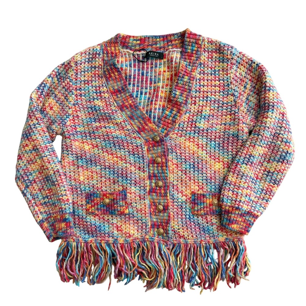 NWOT Akira Women's Rainbow Chunky Knit Fringe Cardigan Gold Button Multicolor L